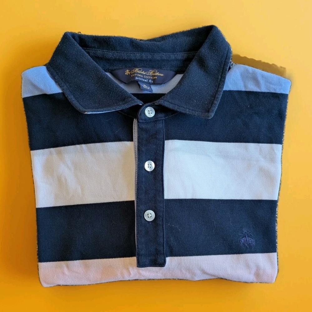 Brooks Brothers Polo Shirt Mens L Blue White Striped Supima Logo Original Fit